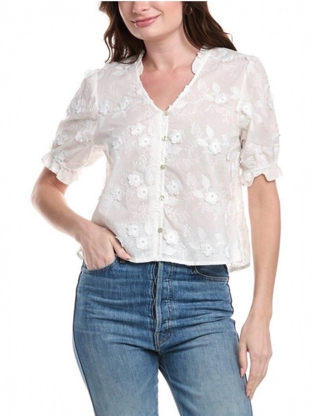 Nanette Lepore White Floral Embroidered V-Neck Button Top